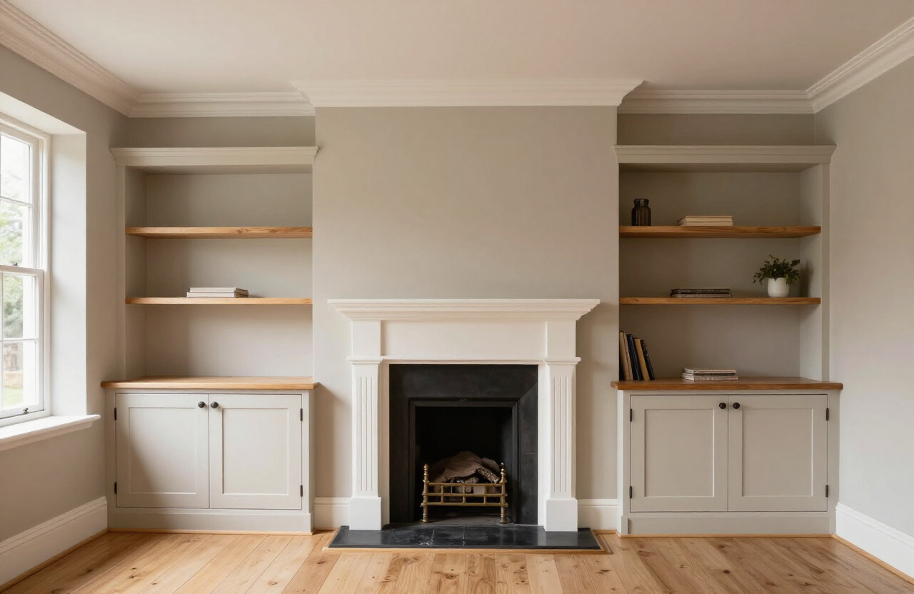 Completed living room alcove joinery around a traditional fireplace