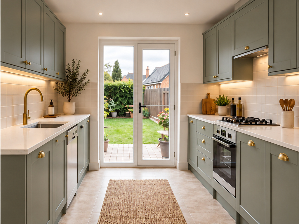 Completed fitted kitchen with dark cabinetry and natural timber fronts