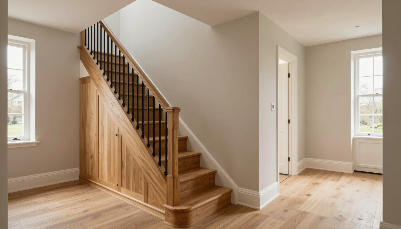 Completed staircase with bespoke under-stair cabinetry and timber detailing