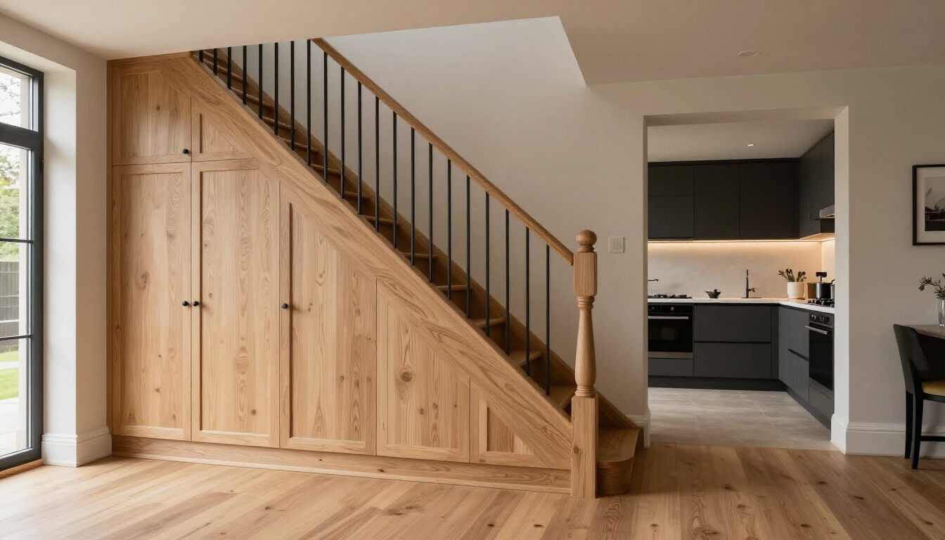 Bespoke natural timber under-stair storage beside a contemporary kitchen